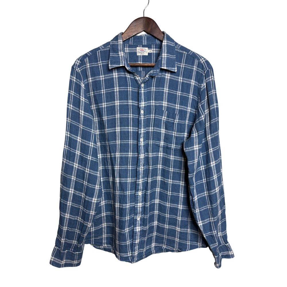 Faherty Men’s Large Blue White Plaid 100% Linen Long Sleeve Button Up Shirt